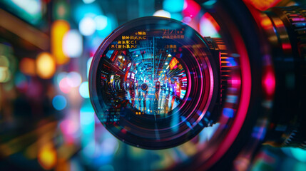 Close-up of a high-resolution camera lens with reflections of digital screens and neon lights