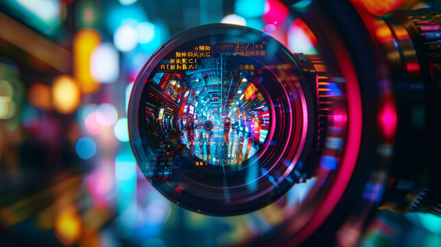 Close-up of a high-resolution camera lens with reflections of digital screens and neon lights