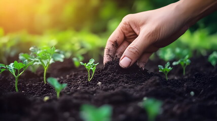 Gardening Hand Planting Young Seedlings Healthy Soil Nurturing Growth Organic Gardening Techniques