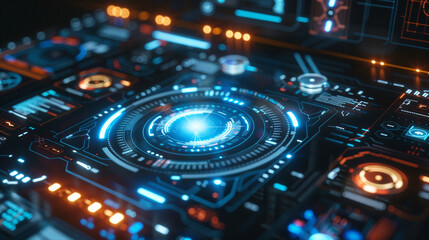 Obraz premium Detailed view of a futuristic touchscreen interface with holographic projections and virtual buttons