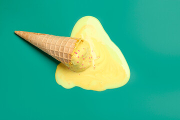Melted ice cream in wafer cone on pale green background, top view. Space for text
