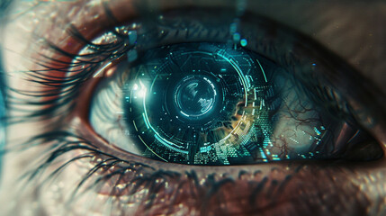 Detailed view of a human eye with a digital HUD (Heads-Up Display) interface overlaid, symbolizing augmented reality