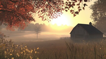Naklejka premium Stunning Photorealistic Sunrise View of a Misty Barn in Fiery Sky
