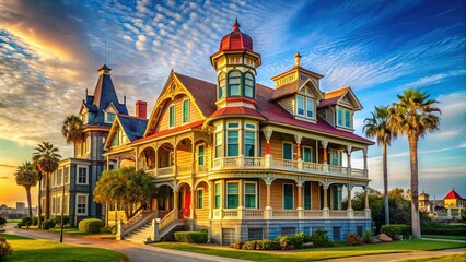Fototapeta premium Historic Victorian-era architecture lines the scenic strand of Galveston Island, Texas, with vibrant colors and ornate details against a bright blue sky.