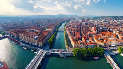 Obraz premium Lyon, France panoramic view in summer, aerial cityscape 