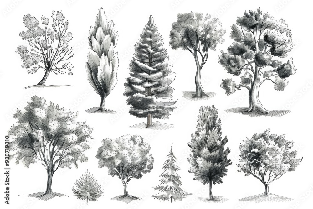 Poster a collection of trees depicted in grayscale illustration