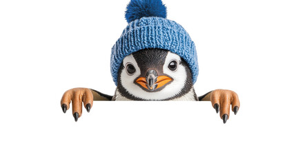 A joyful penguin wearing a blue winter beanie with a pom-pom, peeking over a white web banner, isolated, cut out.