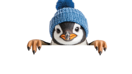 A joyful penguin wearing a blue winter beanie with a pom-pom, peeking over a white web banner, isolated, cut out.