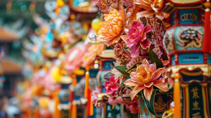 Naklejka premium Close-up of ornate lanterns decorated with flowers at a chinese temple