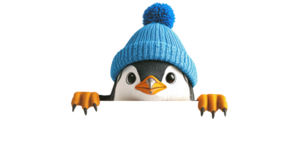 A joyful penguin wearing a blue winter beanie with a pom-pom, peeking over a white web banner, isolated, cut out.