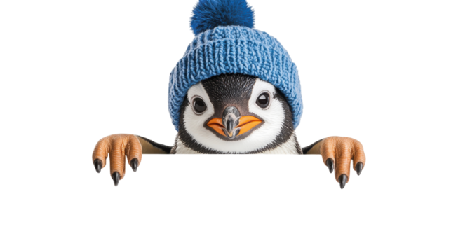 A joyful penguin wearing a blue winter beanie with a pom-pom, peeking over a white web banner, isolated, cut out.