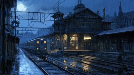 Spectacular Photorealistic Night View of Train Station with Illuminated Cityscape Landscape