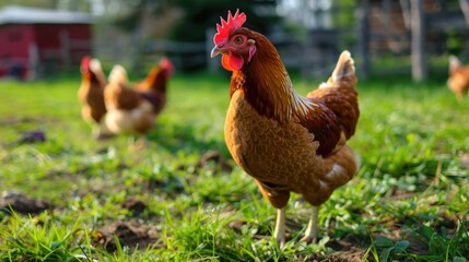 Group of chickens standing on a lush green field