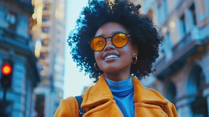 Fototapeta premium A stylish young woman with curly hair and yellow sunglasses, wearing an orange coat, smiles while standing in an urban setting.