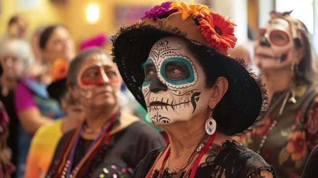 A woman wearing traditional day of the dead makeup at a community celebration