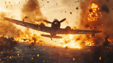Military Aircraft Flying Low During Explosive Naval Battle
