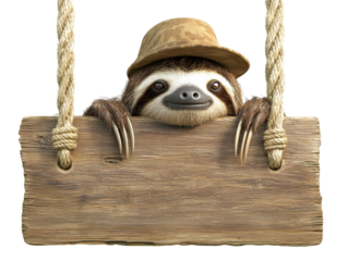 A smiling sloth wearing a small safari hat, peeking over an empty hanging wooden signboard with ropes, isolated, cut out.