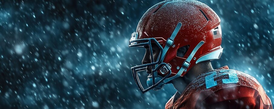American football player in red helmet under snowfall