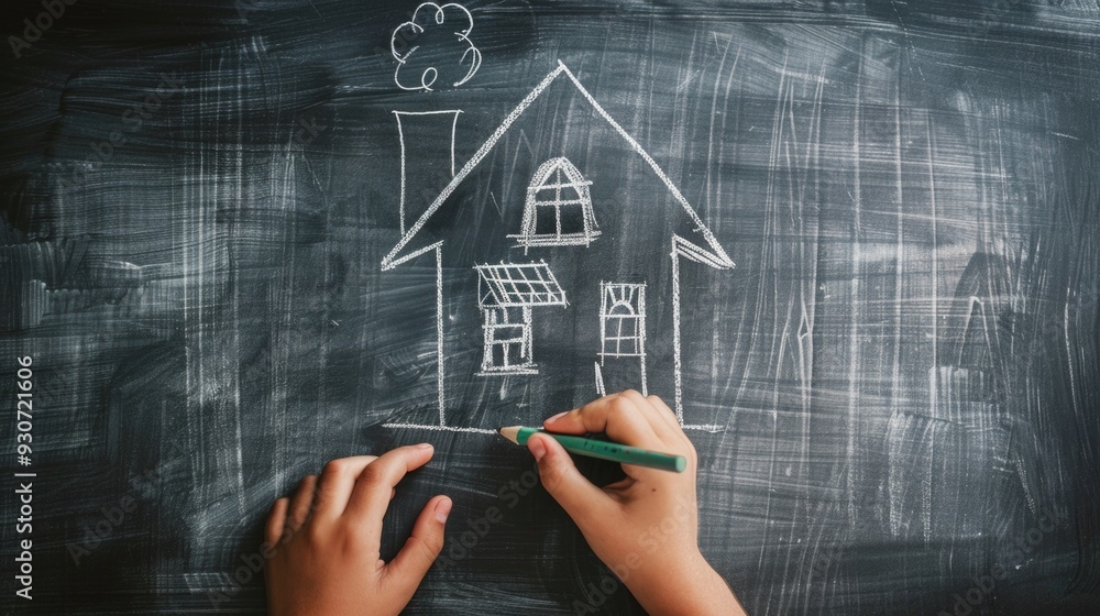 Poster a young student creating an illustration on the classroom blackboard, focusing on a simple home
