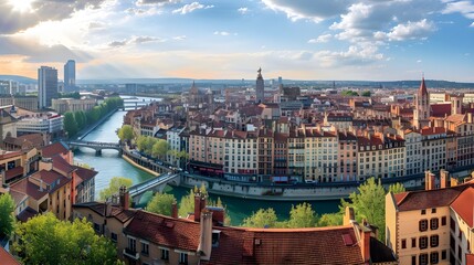 Lyon, France panoramic view in summer, aerial cityscape 