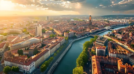 Fototapeta premium Lyon, France panoramic view in summer, aerial cityscape 