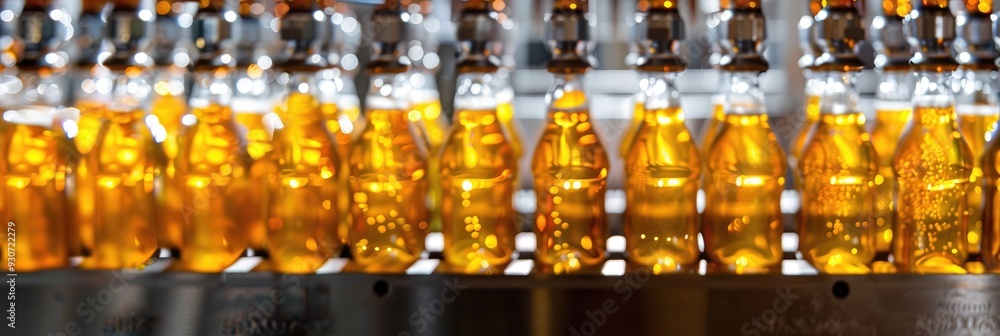 Poster automated bottling equipment with multiple bottles filled with beer