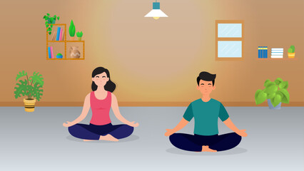man and woman meditate in home for health illustration soft bright color design