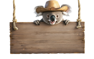 A smiling koala wearing a cowboy hat, peeking over an empty hanging wooden signboard with ropes, isolated, cut out.