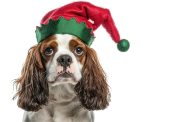 A Cavalier King Charles Spaniel wearing a red and green jester hat, isolated, cut out.