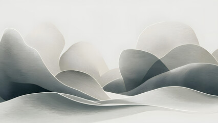 Abstract Landscape: Serene and ethereal, this minimalistic image depicts a landscape of soft, undulating hills in shades of grey and white.  The abstract forms evoke a sense of tranquility and peace, 