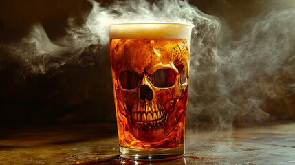 A glass of beer with a skull head on it