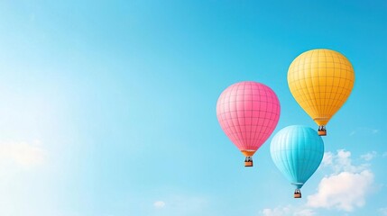 Naklejka premium Three colorful hot air balloons float in a clear blue sky.