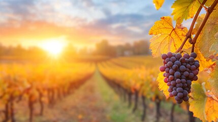 Vineyard at sunset with golden leaves and a clear blue sky.