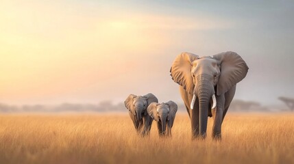 Obraz premium Elephant family walking in African savanna at sunrise.