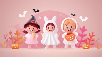 Obraz premium Three children in cute Halloween costumes joyfully celebrate the holiday with decorations, pumpkins, and a playful atmosphere