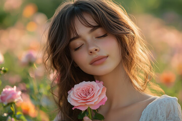 Naklejka premium Woman holding a pink rose, set against a background of blossoming flowers. 
