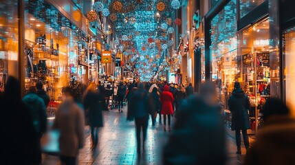 Obraz premium A bustling city street at night, adorned with twinkling lights, as people hurry by, creating a sense of urban energy and festive cheer.