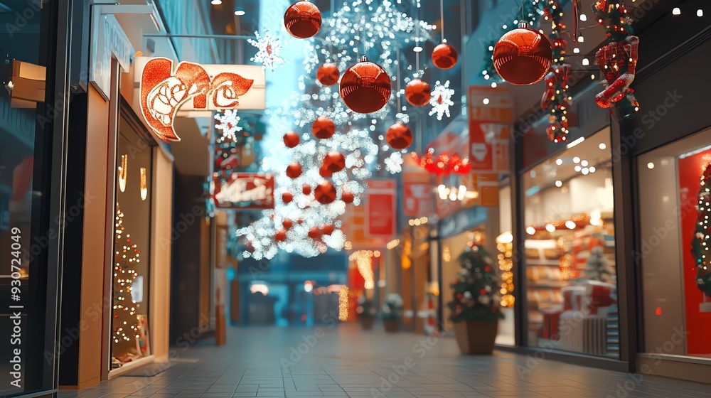 Poster a festive storefront with a christmas tree and red ornaments. the lights create a warm and inviting 