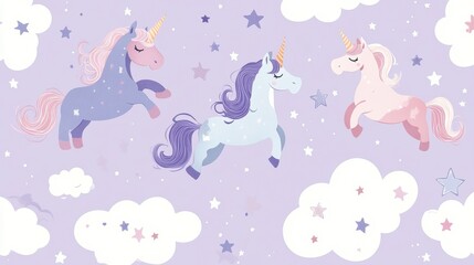 A playful and whimsical pattern featuring three colorful unicorns among clouds and stars on a soft purple background