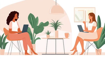 Modern Office Social Interactions: Two Women Interacting in a Cozy, Plant-Filled Workspace