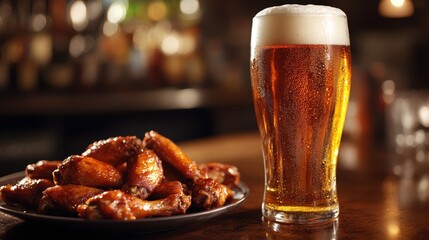 A plate of crispy chicken wings served alongside a cold glass of beer, set in a warm, inviting ambiance typical of a bar or pub