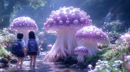 Children Exploring an Enchanted Forest with Giant Glowing Mushrooms - Fantasy Adventure Illustration for Posters and Cards