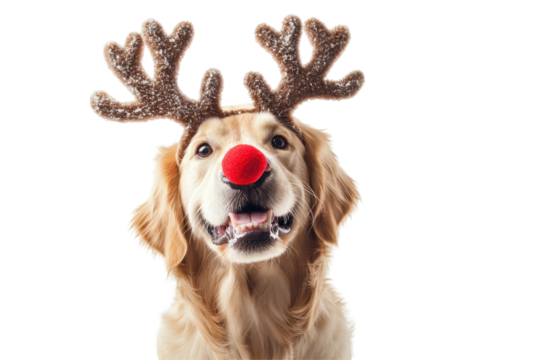 A Golden Retriever wearing reindeer antlers with a red nose, isolated, cut out.