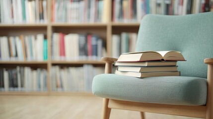 A stack of books on a comfy armchair in a library setting.