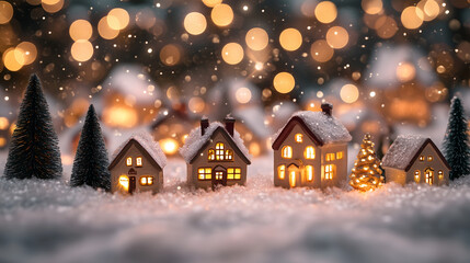 Fototapeta premium Snow-covered Christmas village scene whith the beautifully illuminated miniature houses, adorned with festive lights, set against a softly blurred background of glowing bokeh lights. 