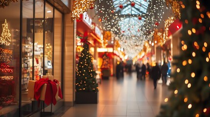 Fototapeta premium A festive storefront adorned with twinkling lights and a beautifully decorated Christmas tree.
