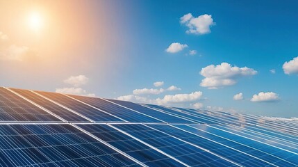 Solar panels under a bright blue sky with clouds.