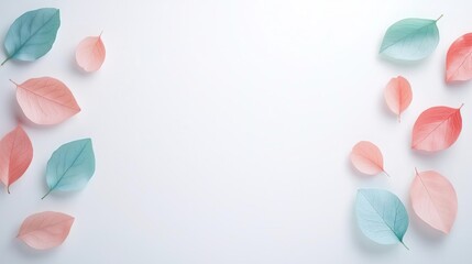 Obraz premium Tiny mint blue and coral pink spring leaves with tiny azalea petals on a white backdrop. Minimalistic, high resolution, clear sharp focus, hyper-detailed.