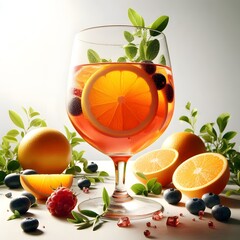 A wine glass of pure orange juice with an ice cube and mint blue berry realistic illustration design