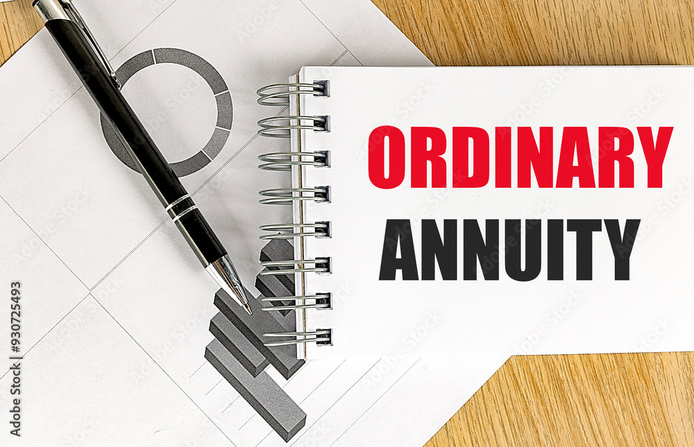 Poster ordinary annuity text on notebook with chart on wooden background